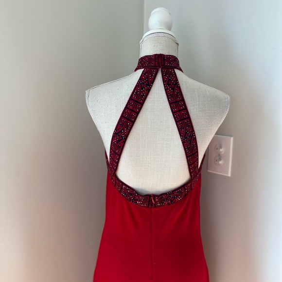 St John Evening by Marie Gray Red Black Halter Knit Dress - Picture 6 of 11